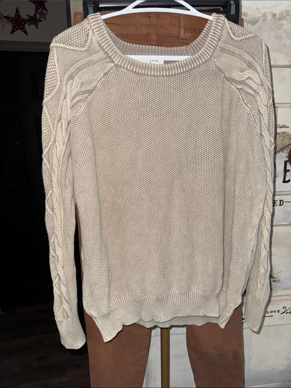 Zenana Outfitters Cream Cable-Trim Crewneck Sweater